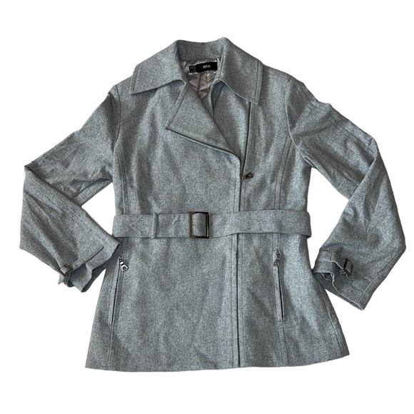 MNG Wool Blend Moto Zip Up Belted Jacket Gray Quilted Satin Lining Size US Small - Picture 3 of 16